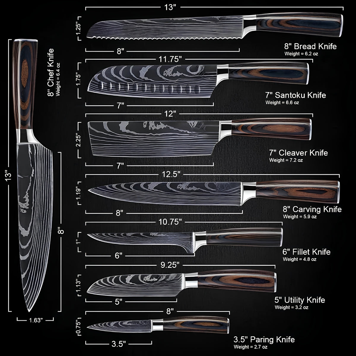 Syvek Japanese Damascus 8-Piece Knife Set